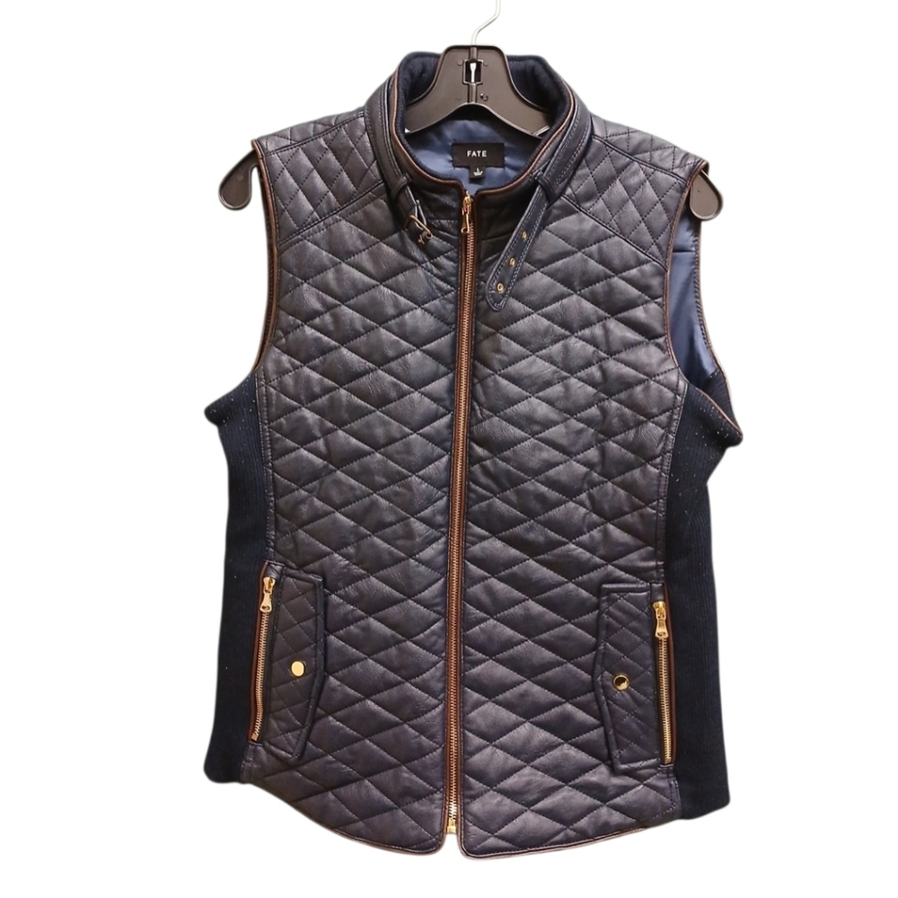 Fate Anthropologie Dark Midnight Blue Faux Leather Quilted Vest Size Large